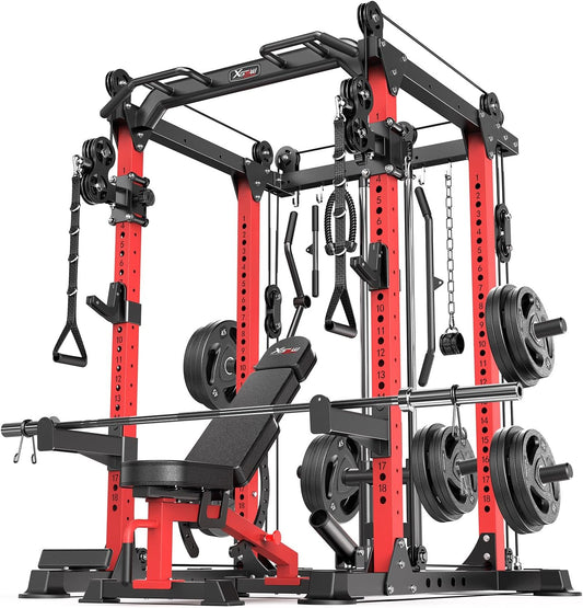 XGSW XINGESIWR Power Cage Multi-Function Power Rack with Cable Crossover System,1800 LBS Capacity Squat Rack with Weight Bench,for Home Gym